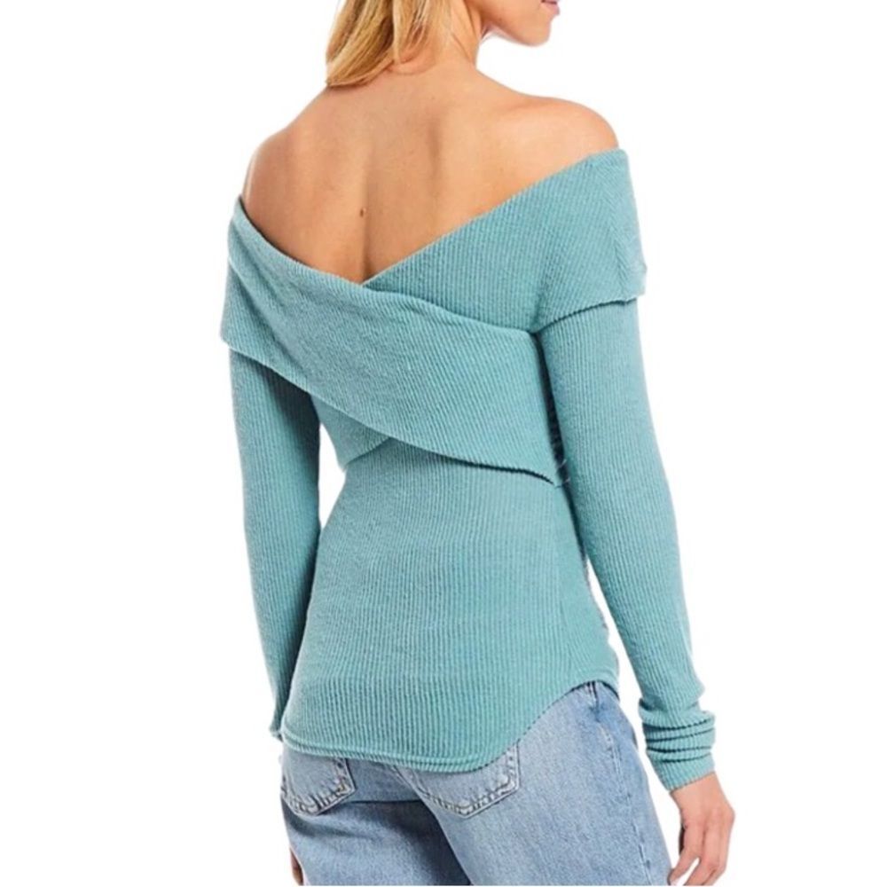 FREE PEOPLE Turquoise Off The Shoulder Cross Over Long Sleeve Ribbed Knit Sz XS - Picture 2 of 5